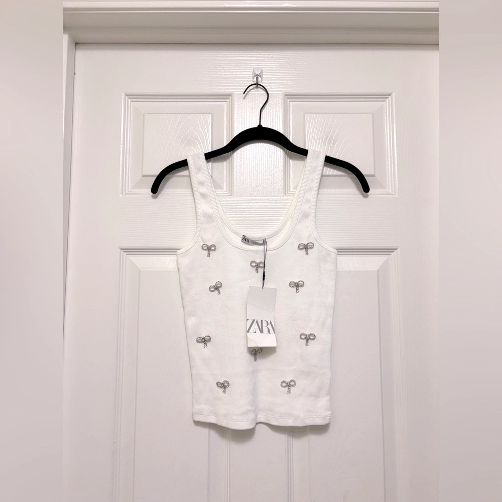 NWT ZARA Ribbed Tank With Rhinestone Bows - Picture 7 of 12